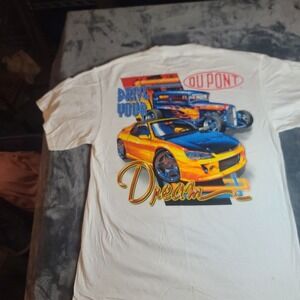 VINTAGE Dupont Shirt Mens L White Drive Your Dream Hot Rod Automotive 90s FLAW